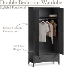 Christow Black Double Wardrobe with Drawer 2 Door Bedroom Storage Furniture Cupboard - thumbnail 3