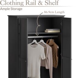 Christow Black Double Wardrobe with Drawer 2 Door Bedroom Storage Furniture Cupboard - thumbnail 4