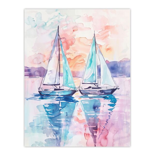 "Artery8 Sailboats at Sunset Seascape Watercolour Painting Wall Art Print - Size: W24"" x H32""" - image 1