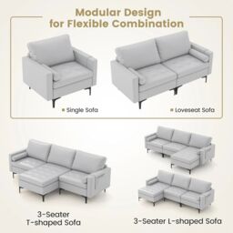 Costway Modular Sectional Sofa Loveseat 2-3-Seater Sofa Seat L-Shaped Padded Cushions in Grey - thumbnail 5