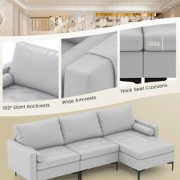 Costway Modular Sectional Sofa Loveseat 2-3-Seater Sofa Seat L-Shaped Padded Cushions in Grey - thumbnail 6