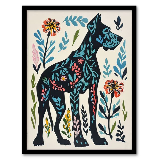 Artery8 Great Dane Dog Lover Floral Folk Art Pattern Framed Wall Art in Blue - Size: A4 - image 1