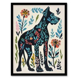 Artery8 Great Dane Dog Lover Floral Folk Art Pattern Framed Wall Art in Blue - Size: A4 - thumbnail 1