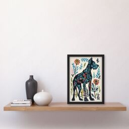 Artery8 Great Dane Dog Lover Floral Folk Art Pattern Framed Wall Art in Blue - Size: A4 - thumbnail 4