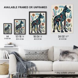 Artery8 Great Dane Dog Lover Floral Folk Art Pattern Framed Wall Art in Blue - Size: A4 - thumbnail 3