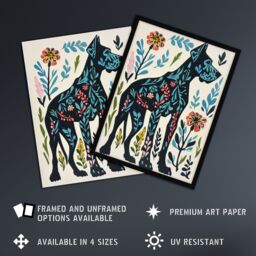 Artery8 Great Dane Dog Lover Floral Folk Art Pattern Framed Wall Art in Blue - Size: A4 - thumbnail 2