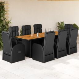 Berkfield Home 9 Piece Garden Dining Set with Cushions Black Poly Rattan - thumbnail 1