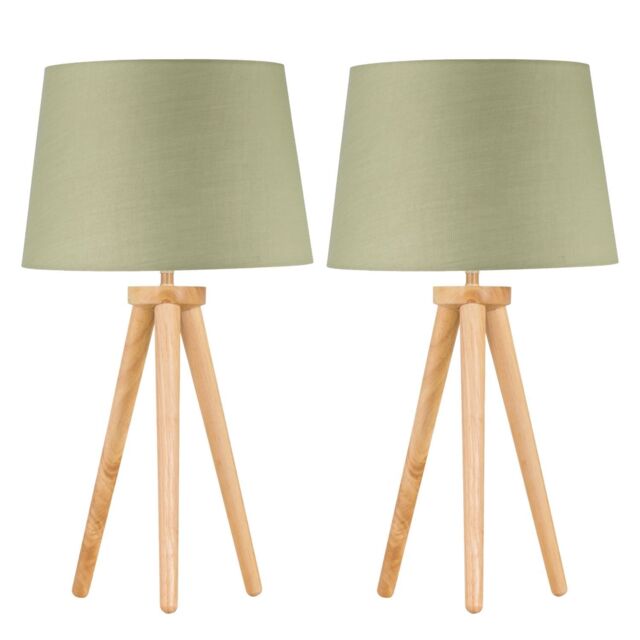 First Choice Lighting Set of 2 Light Oak Table Lamp or Bedside Lights with Sage Green Shades in Brown - image 1