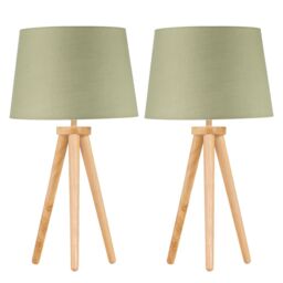 First Choice Lighting Set of 2 Light Oak Table Lamp or Bedside Lights with Sage Green Shades in Brown