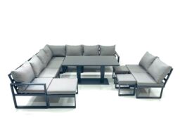 Fimous 12 Seater Outdoor Aluminum Garden Furniture Set Corner Sofa 3 Footstools Rising Lifting Dining Table Sets Dark Grey - thumbnail 1
