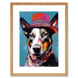 "Artery8 Wall Art Print Australian Kelpie with Red Top Hat Modern Folk Artwork Framed 9X7 Inch in Beige - Size: W7"" x H9""" - thumbnail 1