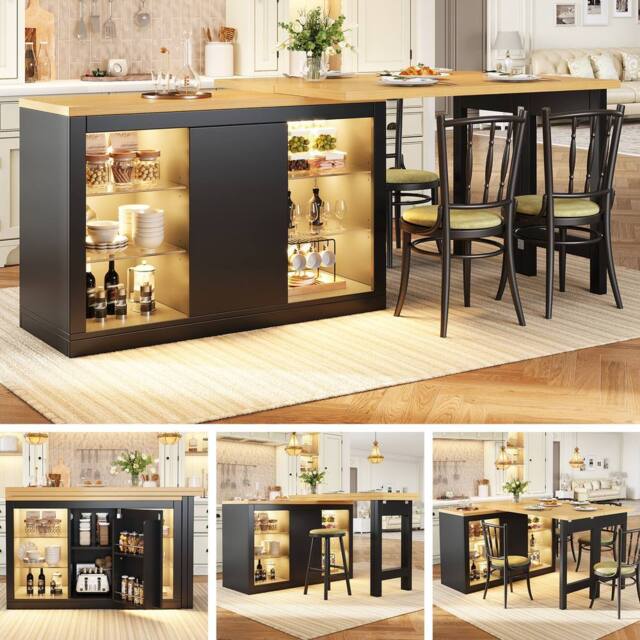BTM Extendable Sideboard LED Dining Table Glass Shelves Storage in Black - image 1