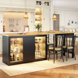 BTM Extendable Sideboard LED Dining Table Glass Shelves Storage in Black - thumbnail 5
