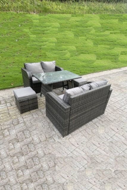 Fimous Rattan Garden Furniture Set 2 Seater Curved Arm Double Love Sofa Sofa Oblong Dining Table in Dark Grey - image 1