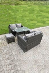 Fimous Rattan Garden Furniture Set 2 Seater Curved Arm Double Love Sofa Sofa Oblong Dining Table in Dark Grey - thumbnail 1