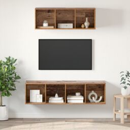 Berkfield Home TV Cabinet Set with Shelf Wall-mounted with Storage 2 pcs Old wood 37 x 37 x 142.5 cm in Brown - thumbnail 1