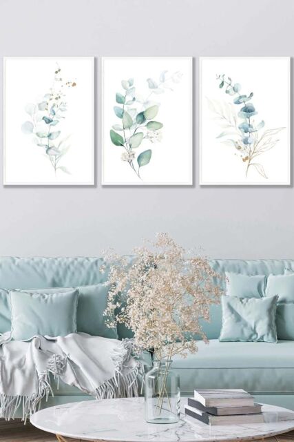 ARTZE Set of 3 White Framed Green Blue Watercolour Eucalyptus Set 2 Wall Art in Light Green - Size: W33 cm x H45 cm x D20mm - image 1