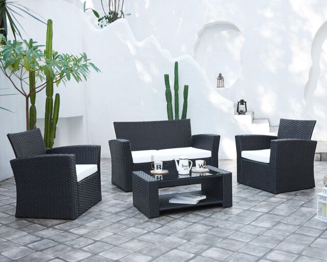 Home Detail Vegas 4 Piece Rattan Garden Furniture Lounge Set with Black Glass Topped Coffee Table - image 1