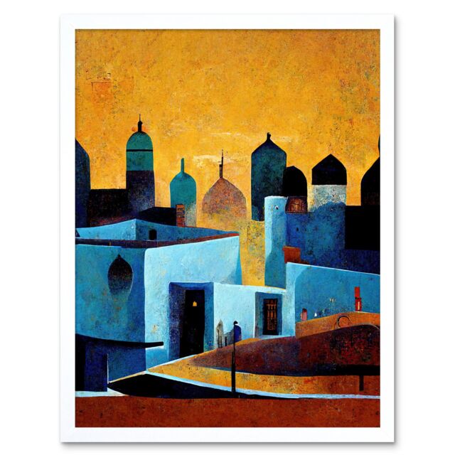 "Artery8 Wall Art Print Moroccan African Cityscape Modern Blue Yellow Art Framed in White - Size: W12"" x H16""" - image 1