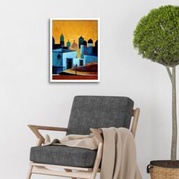 "Artery8 Wall Art Print Moroccan African Cityscape Modern Blue Yellow Art Framed in White - Size: W12"" x H16""" - thumbnail 2