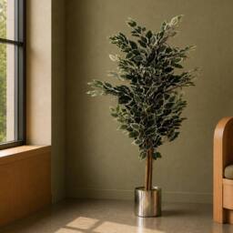 Leaf 130cm Artificial Variegated Bushy Ficus Tree Silver Planter in Green - thumbnail 1