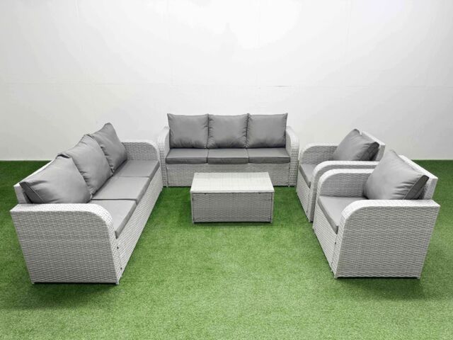 Fimous PE Rattan High Back Lounge Sofa Set Patio Coffee Table & Chairs Set with 3 Seater Sofa Reclining Chair Light Grey - image 1