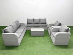 Fimous PE Rattan High Back Lounge Sofa Set Patio Coffee Table & Chairs Set with 3 Seater Sofa Reclining Chair Light Grey - thumbnail 2