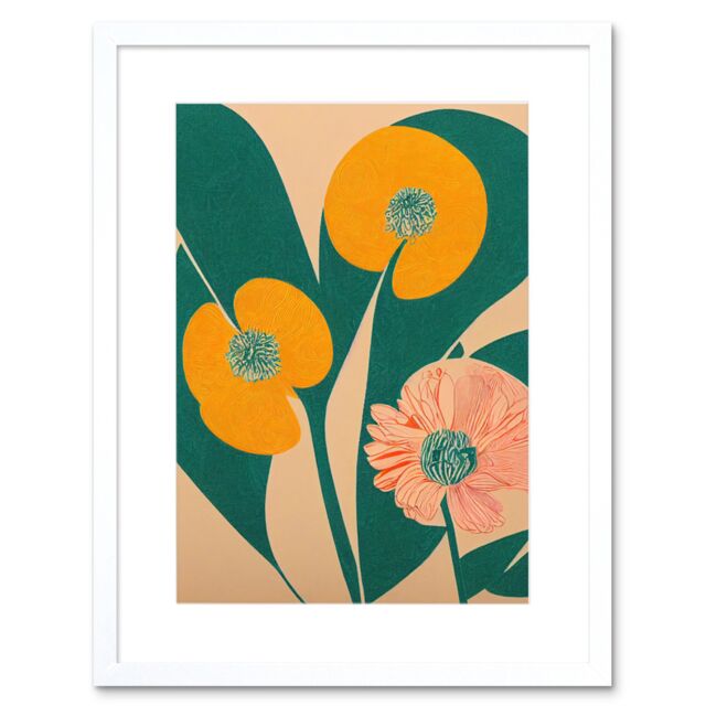 "Artery8 Wall Art Print California Poppy Flower Blooms Turquoise Leaves Bright Artwork Framed 9X7 Inch in White - Size: W7"" x H9""" - image 1
