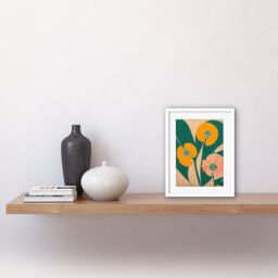 "Artery8 Wall Art Print California Poppy Flower Blooms Turquoise Leaves Bright Artwork Framed 9X7 Inch in White - Size: W7"" x H9""" - thumbnail 2