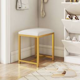 Gymax Vanity Stool Soft Padded Makeup Chair Ottoman With Gold Metal Legs in White - thumbnail 6