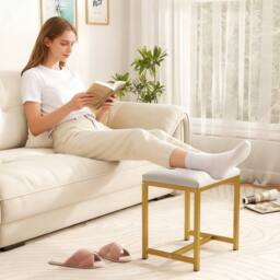 Gymax Vanity Stool Soft Padded Makeup Chair Ottoman With Gold Metal Legs in White - thumbnail 5