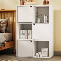 Kelvenix 6 Bookcase with Door, Wooden Shelving Display Shelf Storage Unit in White - thumbnail 1