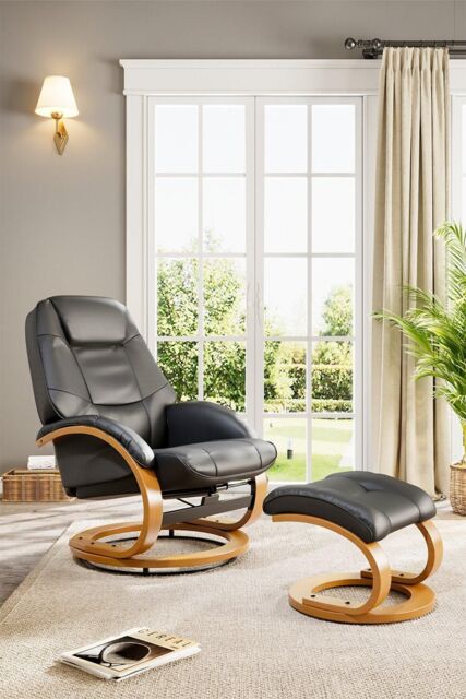 H&O Direct Modern Style Leather Soft Recliner with Footstool in Black - image 1