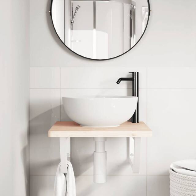 Berkfield Home Elegant Basin Shelf Wall Mounted Steel & Solid Wood Beech in Natural - image 1