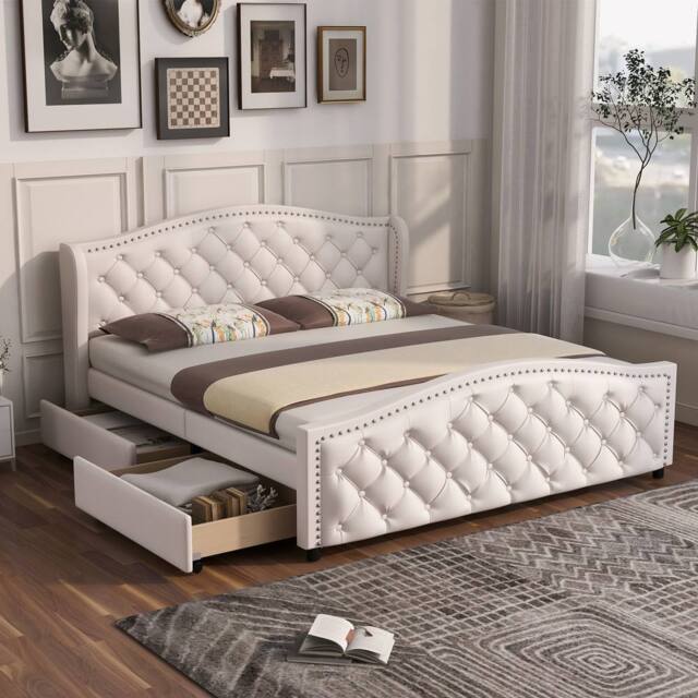 BTM White Upholstered Bed 135x190cm with 2 Drawers & Headboard - Size: 135x190 cm - image 1