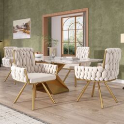 Matteo Luxurious Velvet Dining Armchair Set with Swivel Function in Beige - thumbnail 2