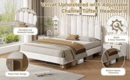 BTM Upholstered Ottoman Velvet Tufted Headboard Storage bed frame in Beige - Size: Single - thumbnail 7