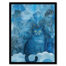 Artery8 Moggie Cat Lover Nocturnal Blue Dream Watercolour Framed Wall Art - Size: A4 - thumbnail 1