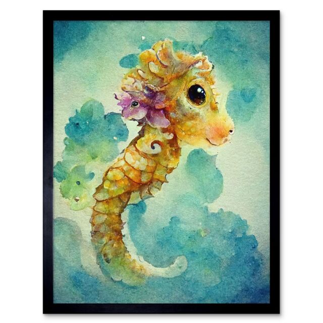 "Artery8 Wall Art Print Cute Baby Seahorse Kids Bedroom Watercolour Art Framed in Black - Size: W12"" x H16""" - image 1