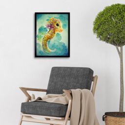 "Artery8 Wall Art Print Cute Baby Seahorse Kids Bedroom Watercolour Art Framed in Black - Size: W12"" x H16""" - thumbnail 2