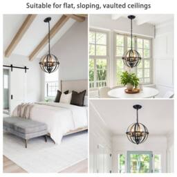 NIVOR 3 Light Industrial Globe Vintage Chandelier Spherical Pendant E14 in Black - thumbnail 6