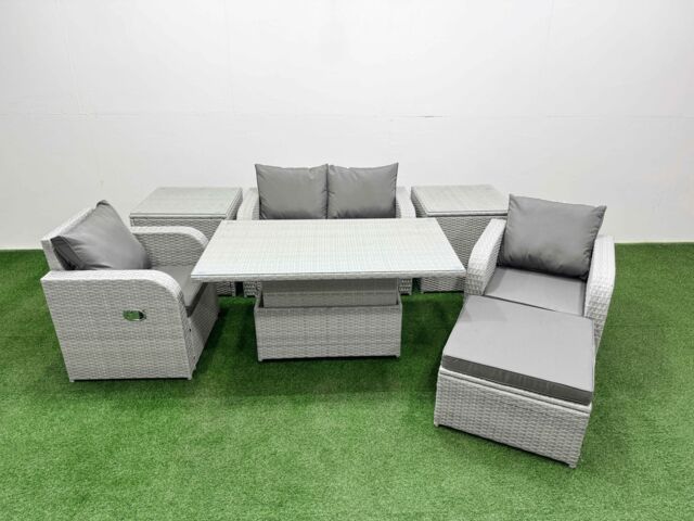 Fimous Light Grey PE Wicker Rattan Garden Furniture Set Sofa Set Reclining Chair Adjustable Lifting Dining or Coffee Table 5 Seater w/ Footstool 2 - image 1