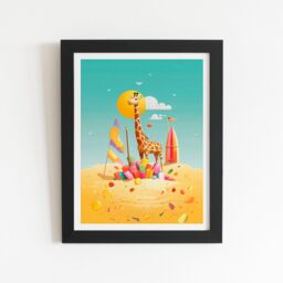 "Warren Reed - Designer A Giraffe On A Beach Holiday Framed Art Print in Black - Size: W16"" x H24""" - thumbnail 1
