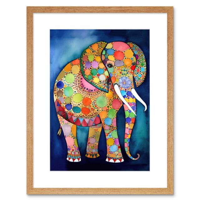 "Artery8 Wall Art Print Elephant With Patterns Folk Art Watercolour Painting Artwork Framed 9X7 Inch in Beige - Size: W7"" x H9""" - image 1