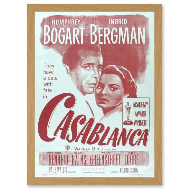 Artery8 Movie Film Casablanca Bogart Bergman Classic Cult Artwork Framed Wall Art Print A4 in Light Oak - image 1