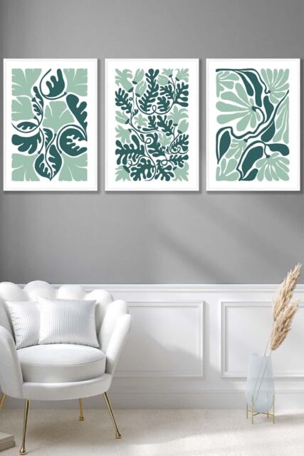 ARTZE Set of 3 White Framed Boho Abstract Green & White Floral Wall Art - Size: W33 cm x H45 cm x D20mm - image 1