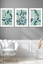 ARTZE Set of 3 White Framed Boho Abstract Green & White Floral Wall Art - Size: W33 cm x H45 cm x D20mm - thumbnail 1