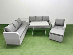 Fimous 6 Pieces Outdoor PE Rattan Garden Furniture with Side Table Big Stool in Light Grey - thumbnail 1