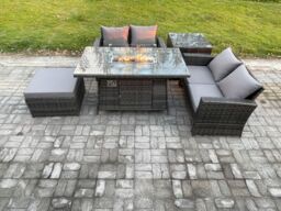 Fimous 5 Pieces Garden Furniture Sets Poly Rattan Outdoor Patio Gas Firepit Dining Table Sofa Set with Side Table Big Footstool in Dark Grey - thumbnail 1