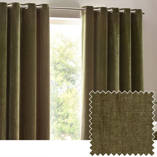 Yard Heavy Chenille Velvet Room Darkening Eyelet Curtain Pair in Olive - Size: 168 cm width x 229 cm drop - image 1